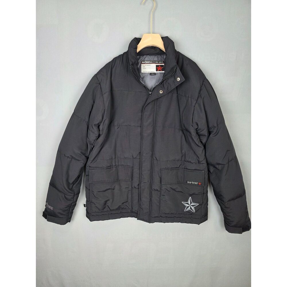 No Fear Black Down Puffy Jacket Mens Small Ski Winter Puffer Warm Streetwear